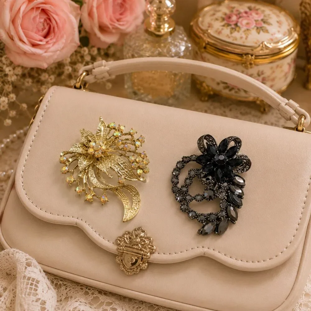 Lot of 2 Rhinestone Floral Brooches, Gold Tone & Black, Statement Flower Pins